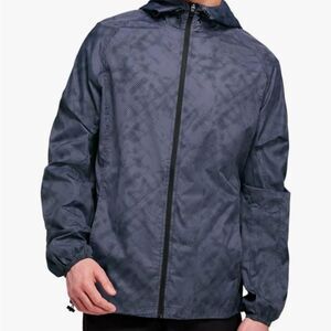 ASICS Packable Men's Small Dark Gray Patterned Windbreaker Hoodie Jacket